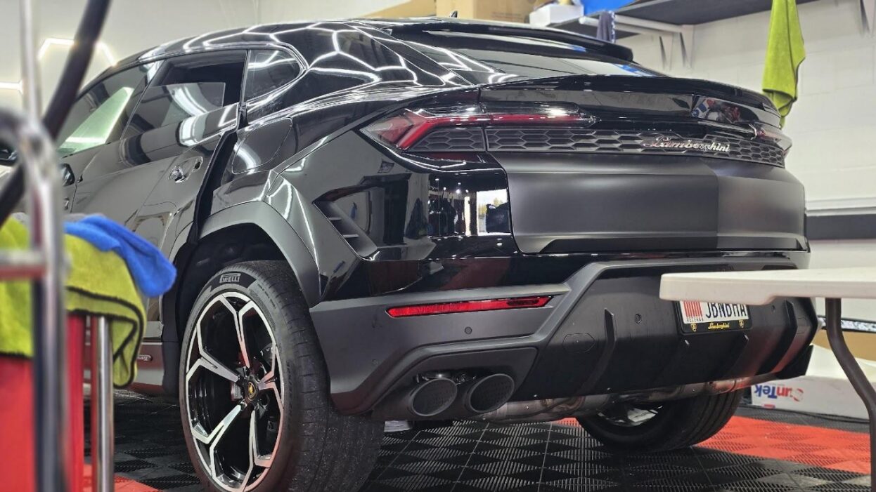 Rear view of a black Lamborghini Urus after paint protection film service | Li Car Guys