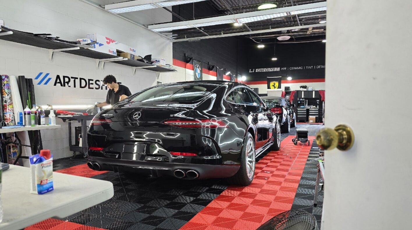 Black Mercedes-AMG GT Coupe in a detailing shop | ppf in Long Island | Li Car Guys